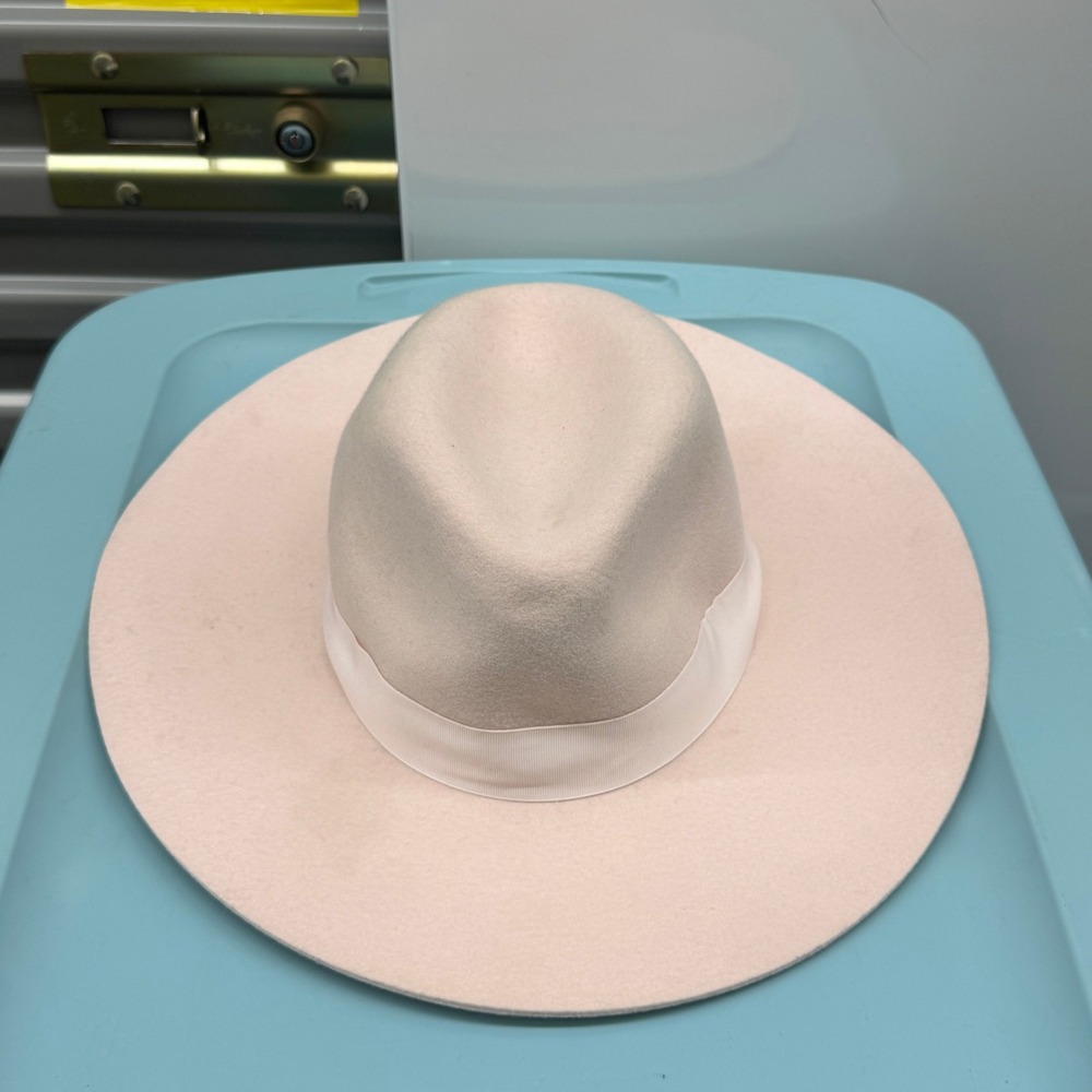 Womens Wide Brim Fedora Hat Blush Pink Cream Grosgrain Ribbon Band Felt Style